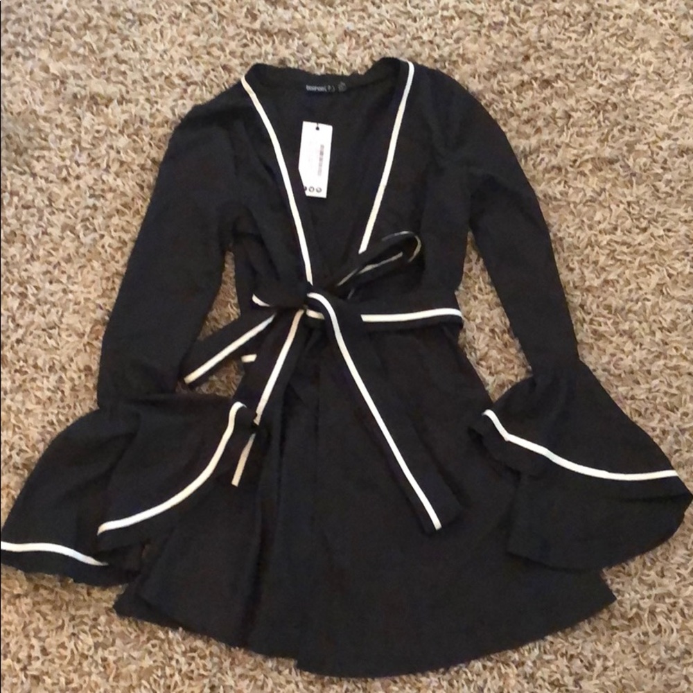 boohoo black bell sleeve wrap skater dress